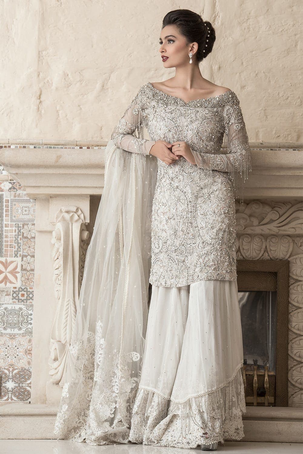 White & Silver Embellished Chiffon Sharara (3-Piece) - Image 1