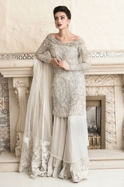 White & Silver Embellished Chiffon Sharara (3-Piece) - Image 2