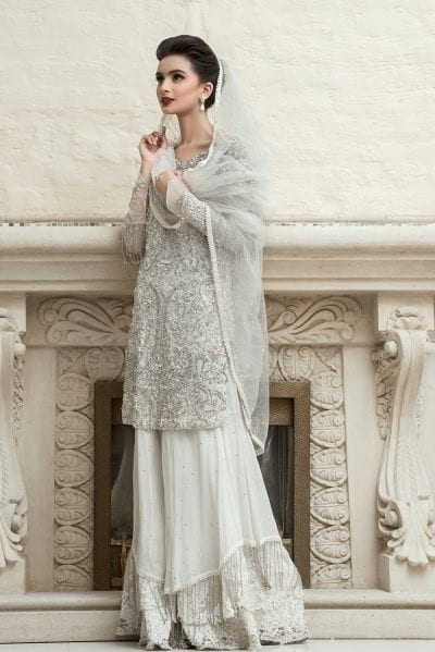 White & Silver Embellished Chiffon Sharara (3-Piece) - Image 3