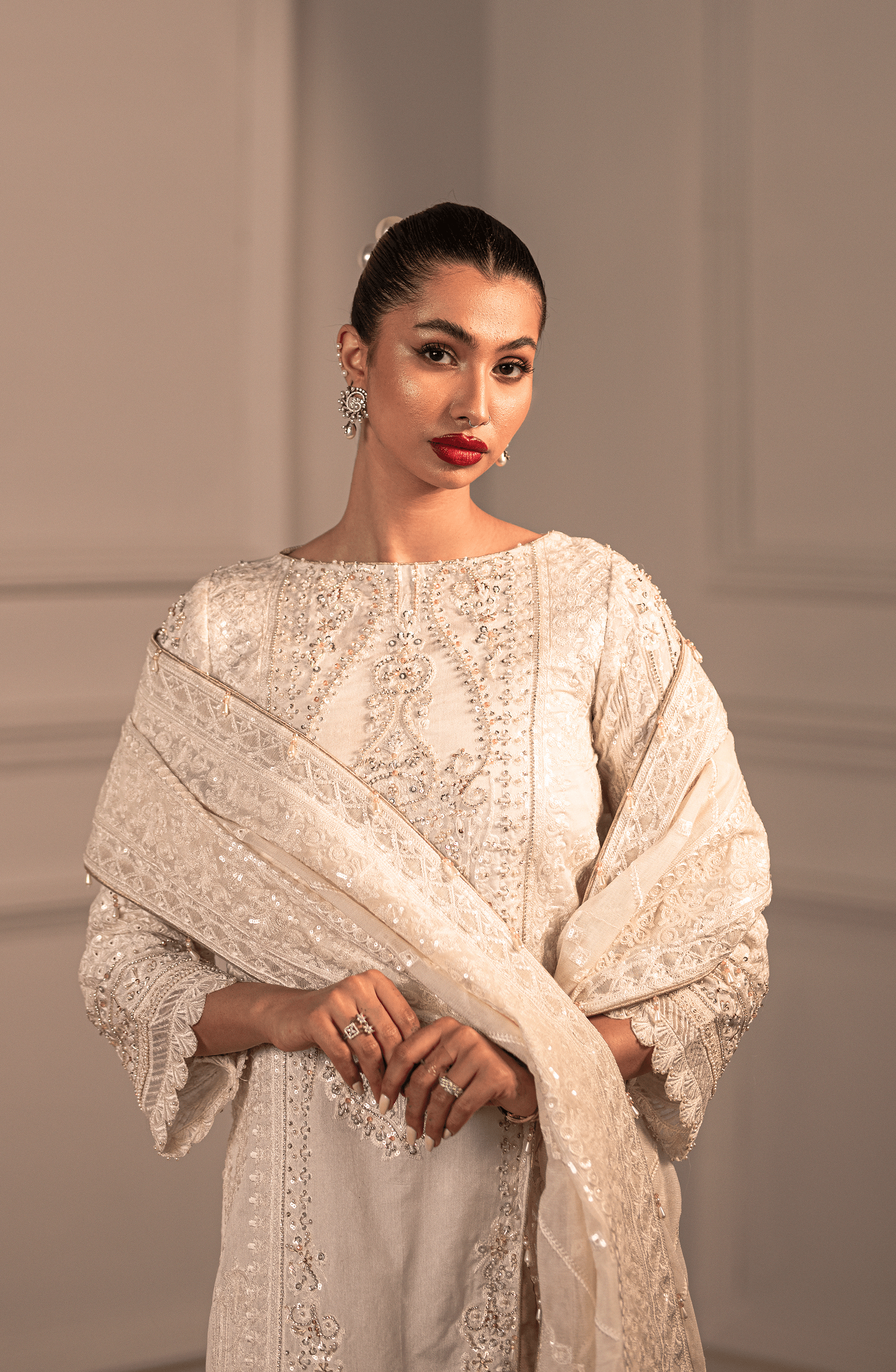 White Adda Work Cotton Net Sharara (3-Piece) - Image 2