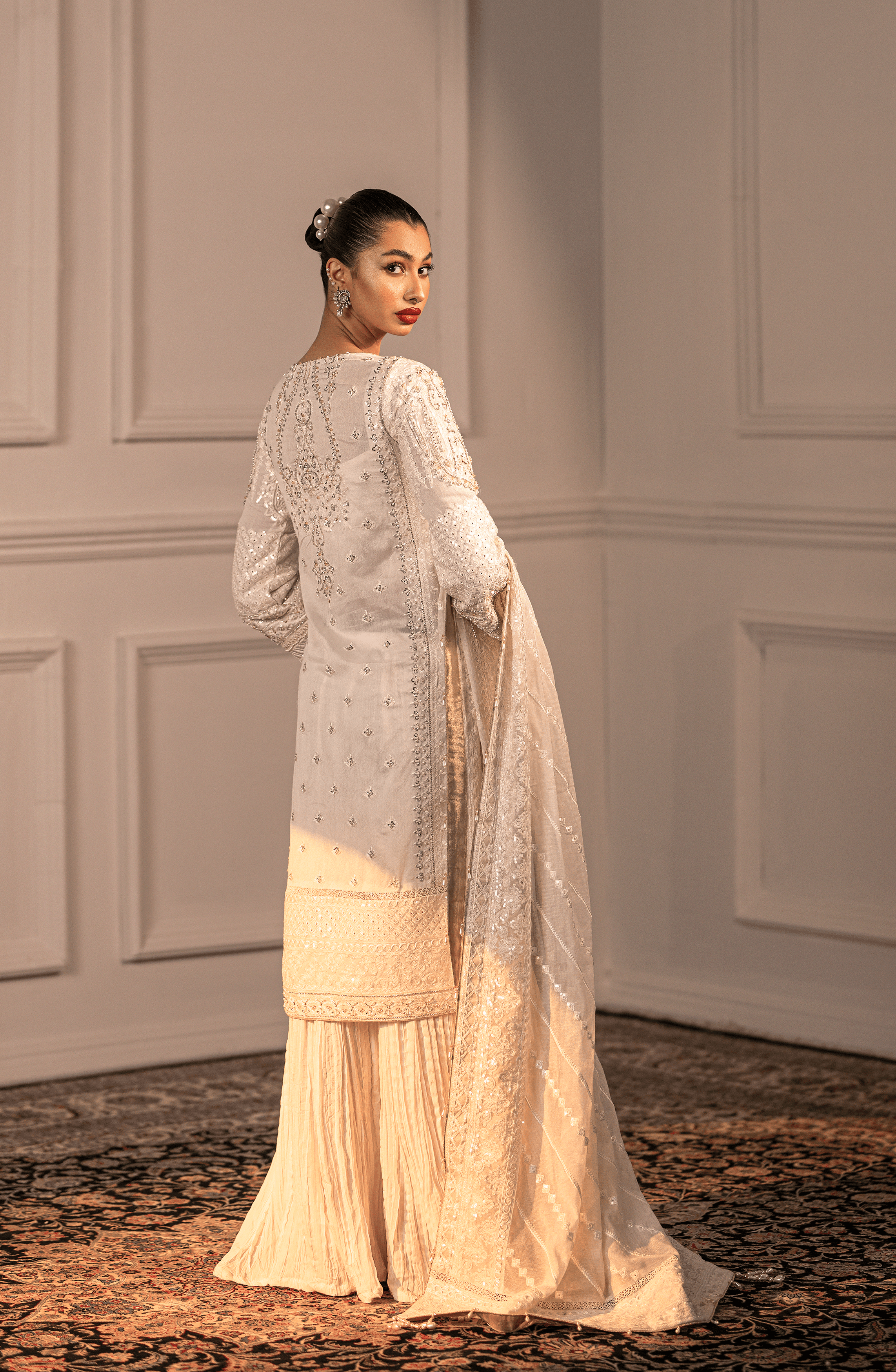 White Adda Work Cotton Net Sharara (3-Piece) - Image 3