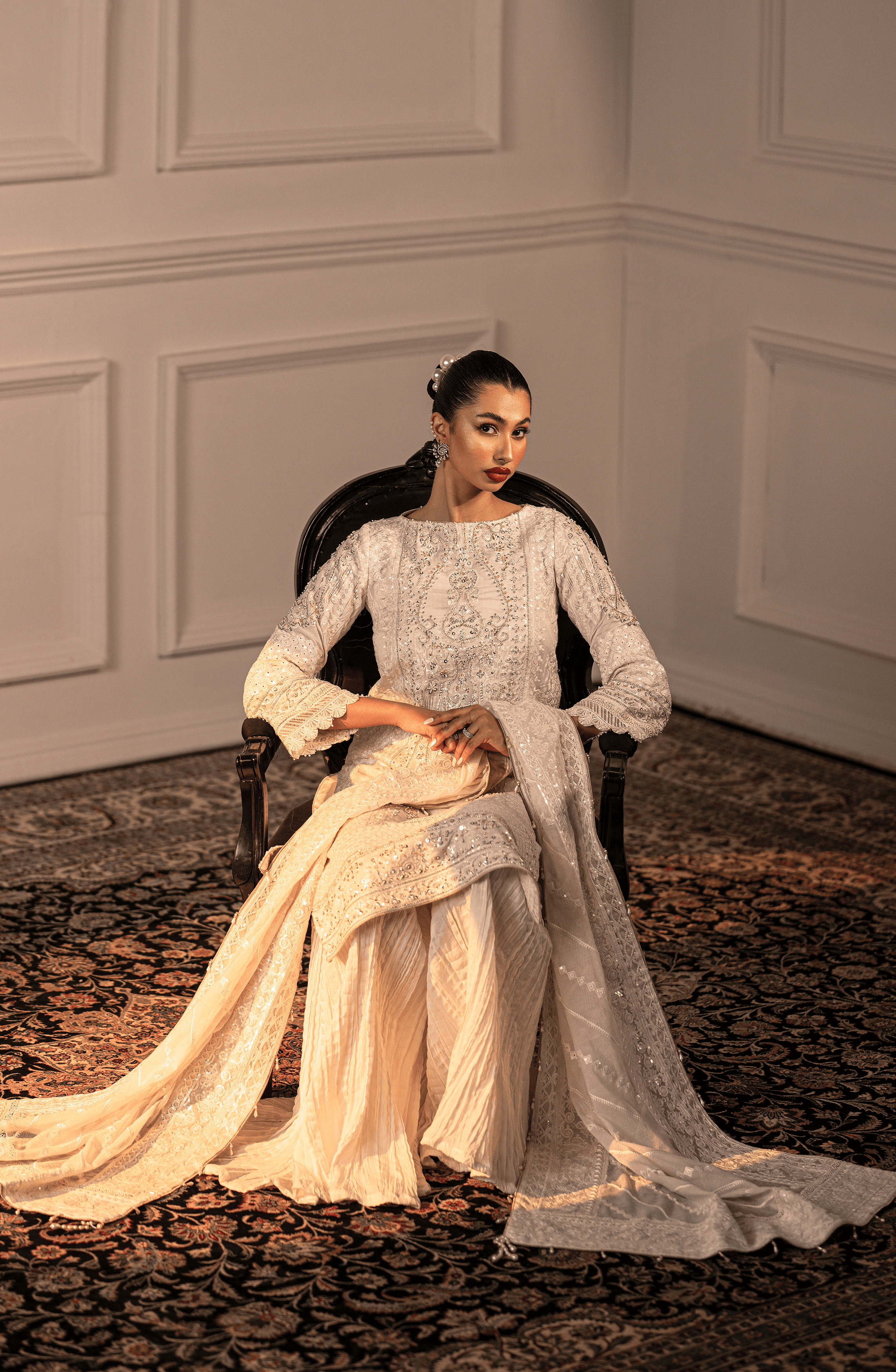 White Adda Work Cotton Net Sharara (3-Piece) - Image 4