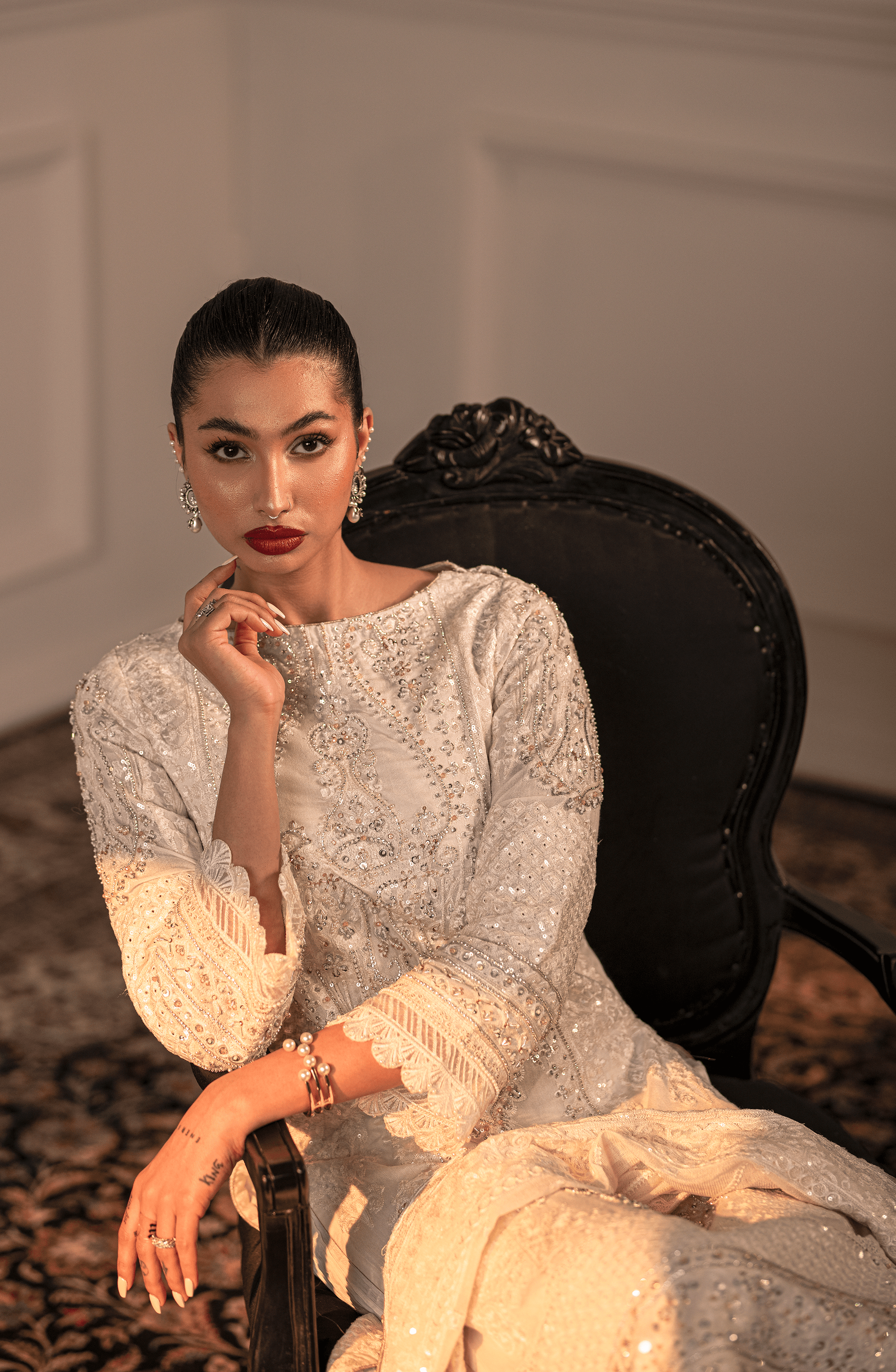 White Adda Work Cotton Net Sharara (3-Piece) - Image 5