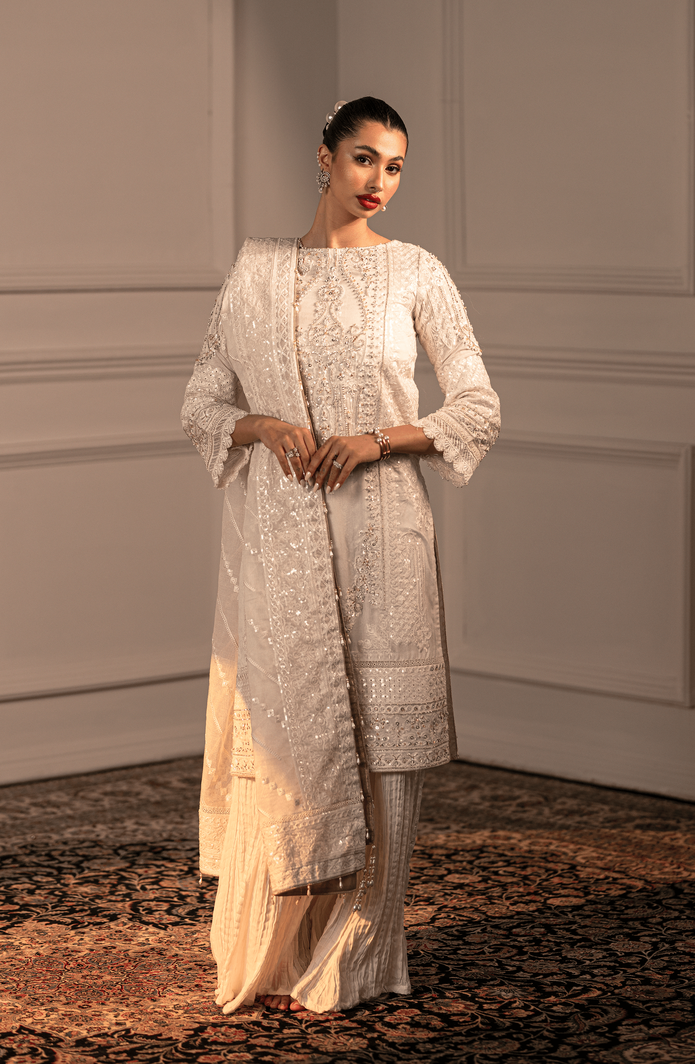 White Adda Work Cotton Net Sharara (3-Piece) - Image 7