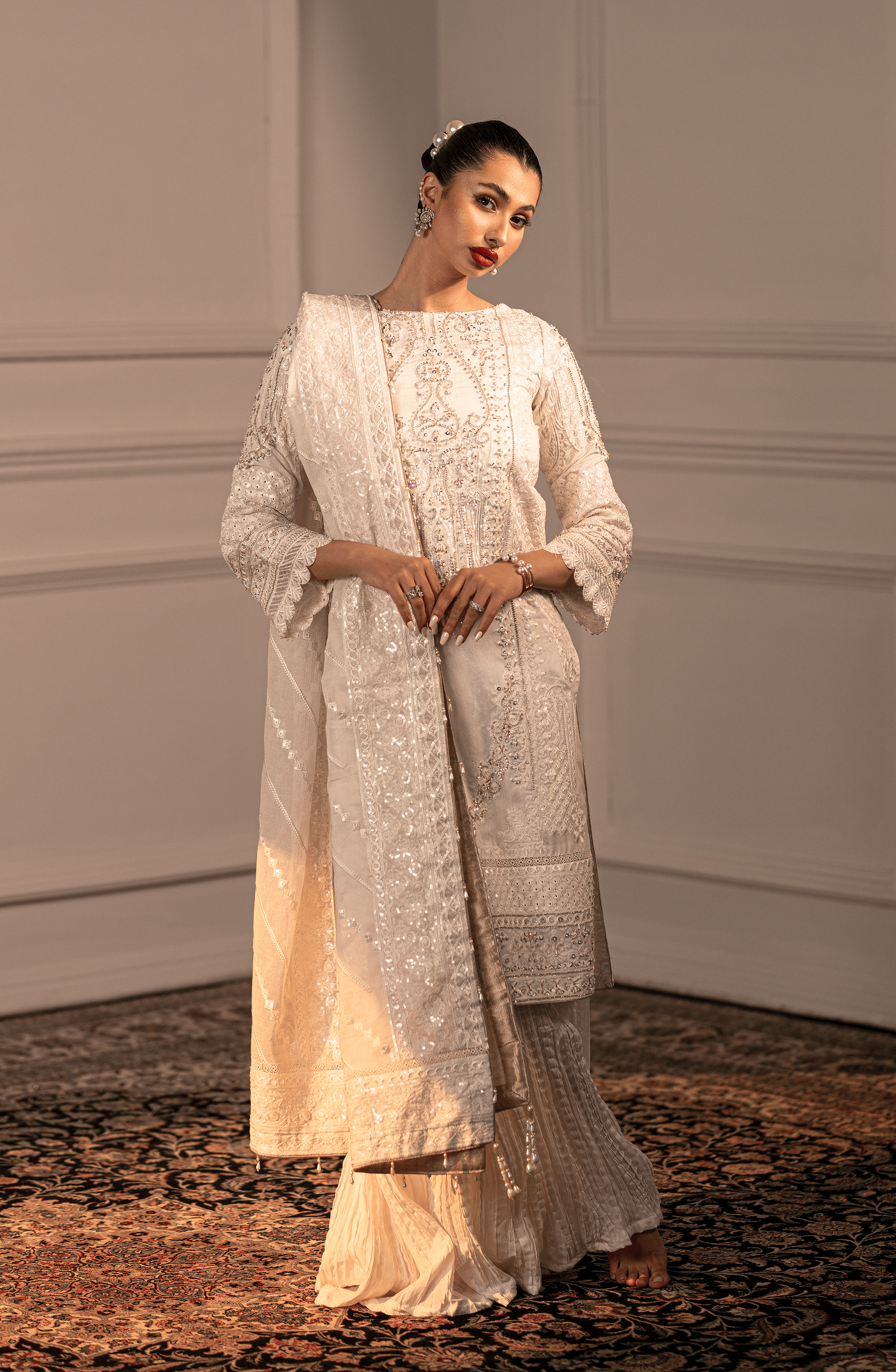 White Adda Work Cotton Net Sharara (3-Piece) - Image 8