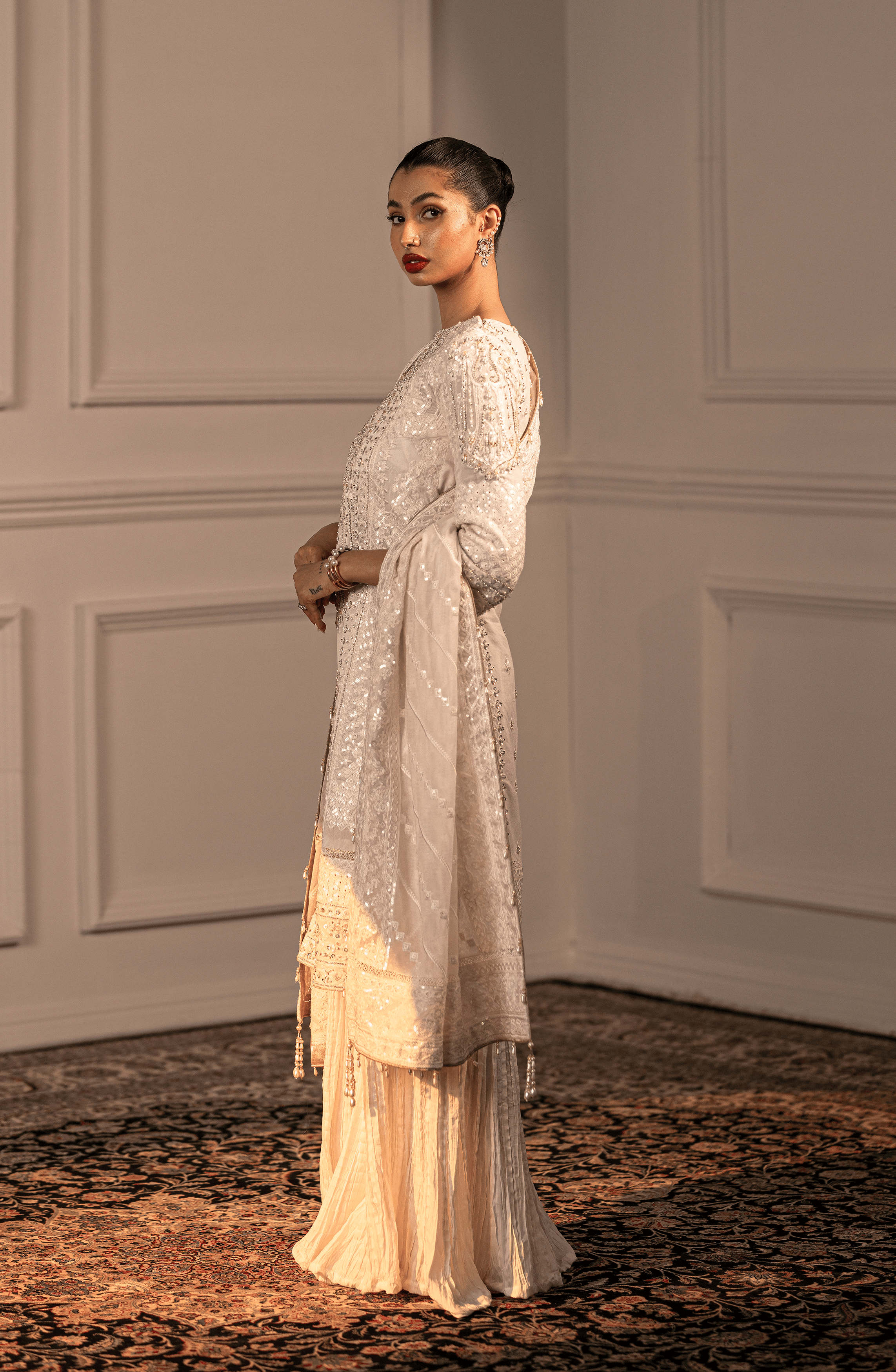 White Adda Work Cotton Net Sharara (3-Piece) - Image 9