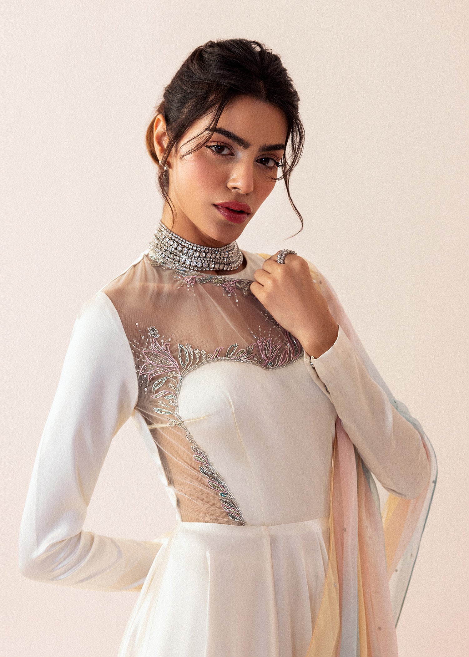 Indian Pearl White Embroidered Cotton Net Sharara Set (3-Piece) - Image 2