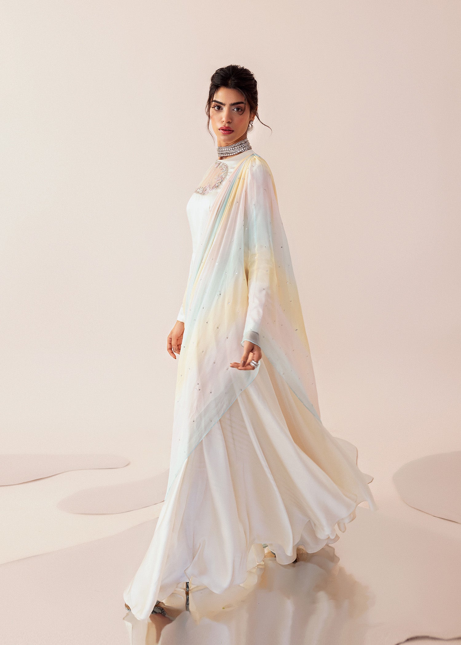 Indian Pearl White Embroidered Cotton Net Sharara Set (3-Piece) - Image 5