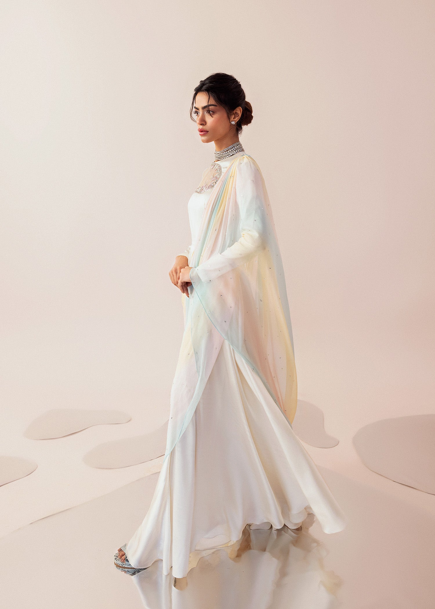 Indian Pearl White Embroidered Cotton Net Sharara Set (3-Piece) - Image 6