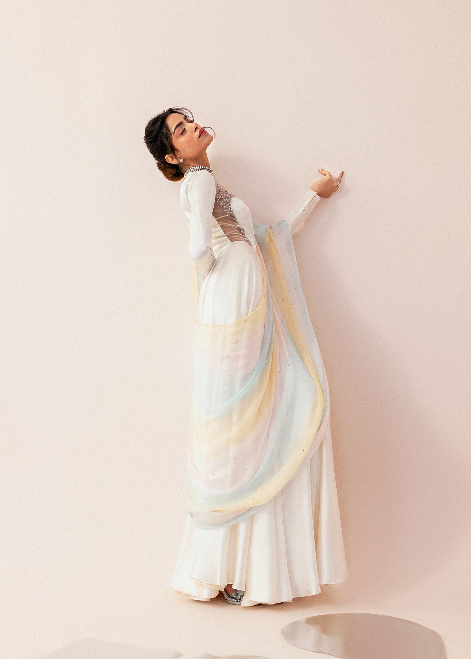 Indian Pearl White Embroidered Cotton Net Sharara Set (3-Piece) - Image 7