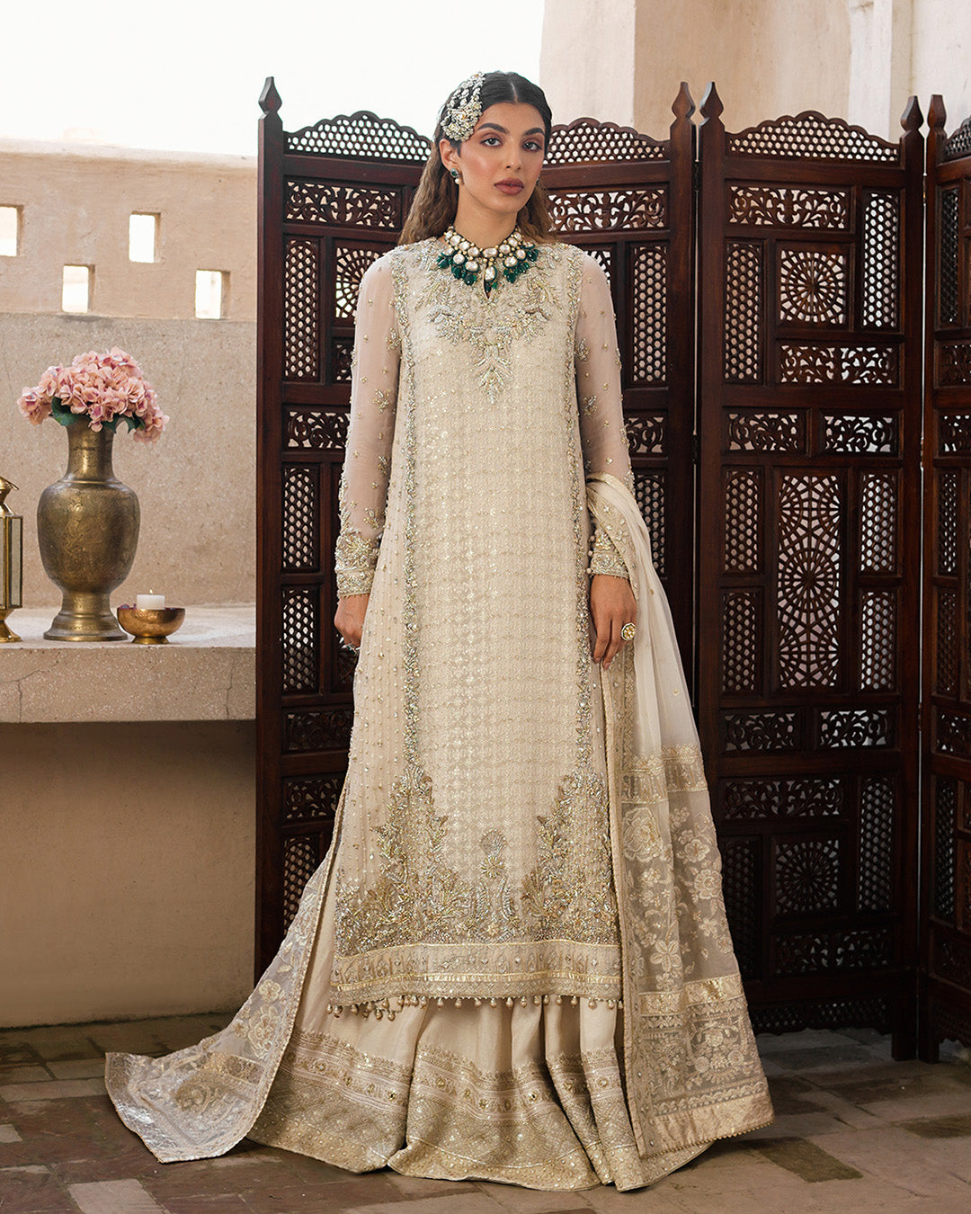 Pearl White Embellished Chiffon & Silk Sharara (3-Piece) - Image 1