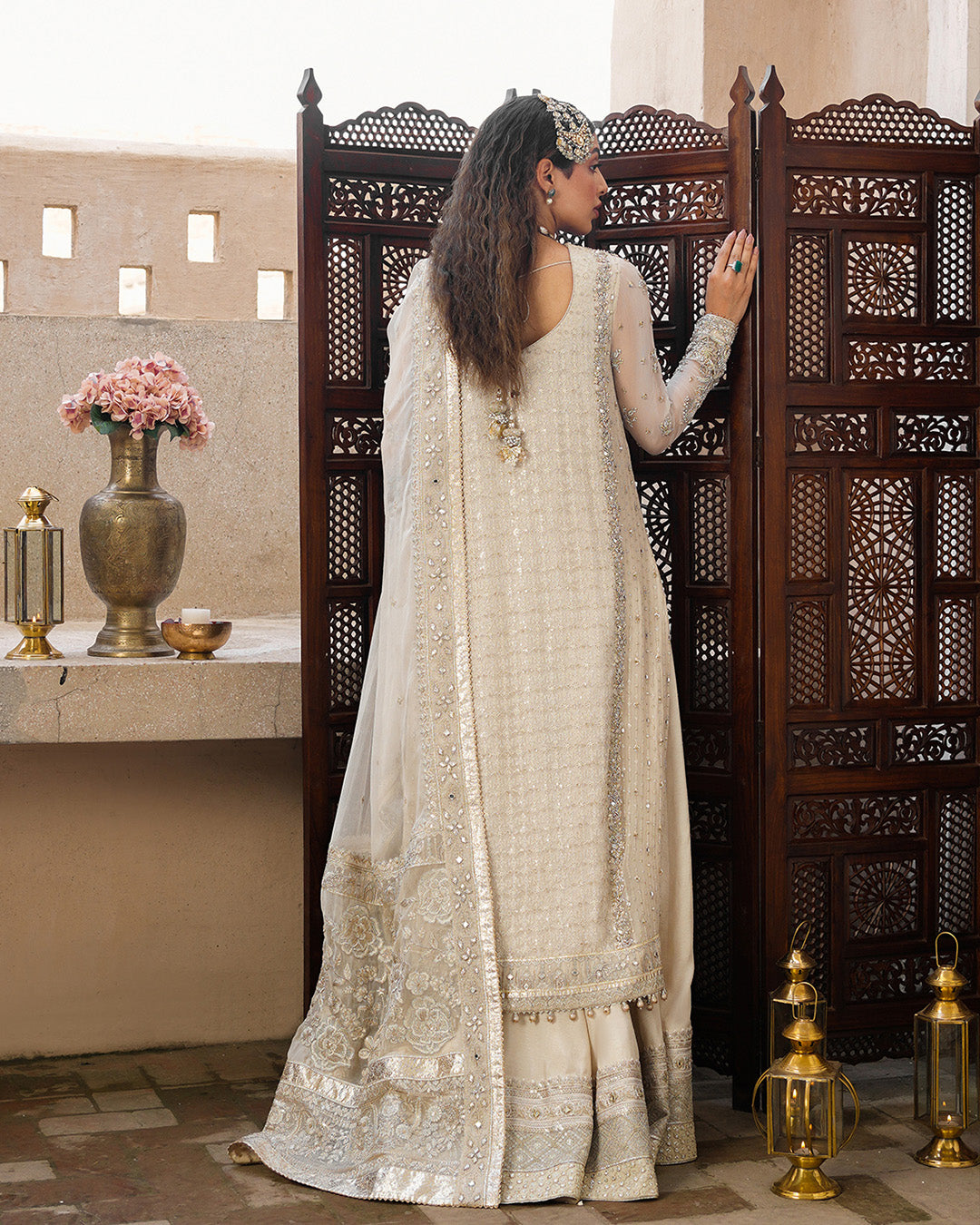 Pearl White Embellished Chiffon & Silk Sharara (3-Piece) - Image 4