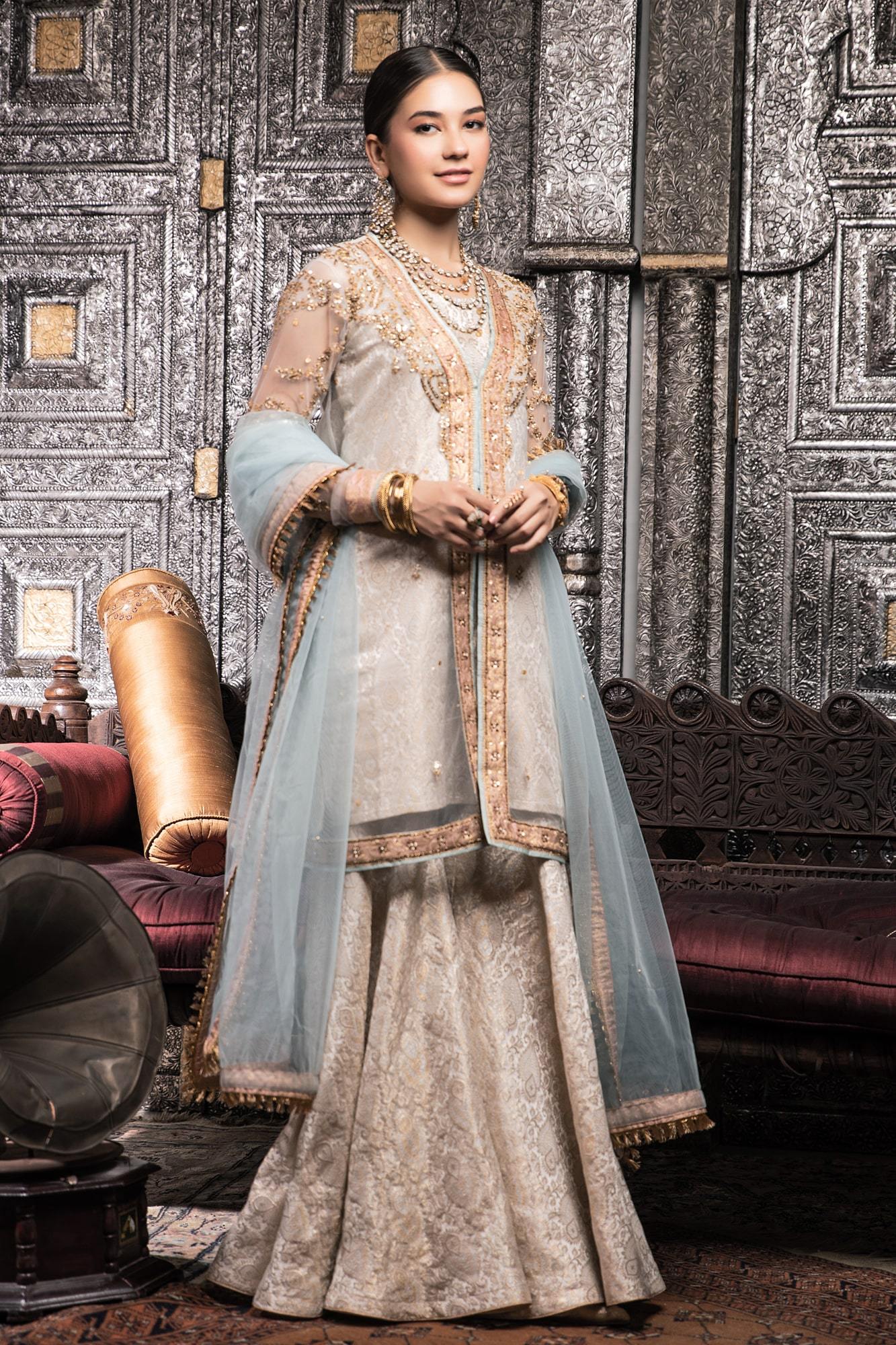 White Embroidered Net & Banarsi Sharara (4-Piece) - Image 2