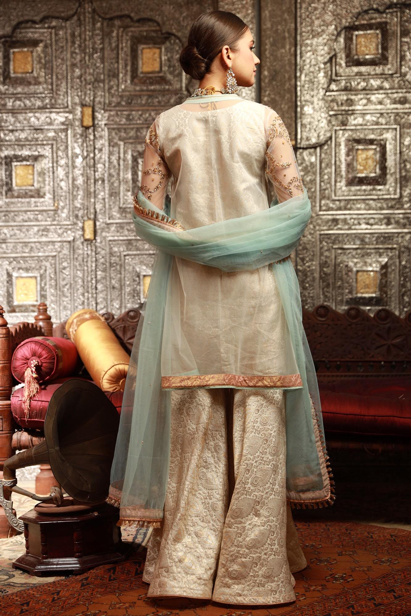 White Embroidered Net & Banarsi Sharara (4-Piece) - Image 4