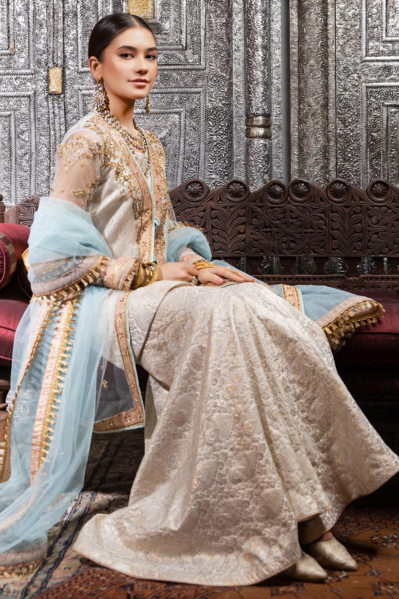 White Embroidered Net & Banarsi Sharara (4-Piece) - Image 5