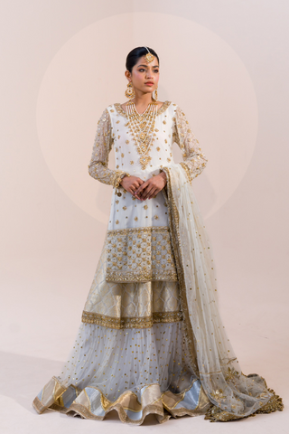 White Gold Embroidered Net Brocade Sharara (3-Piece) - Image 2