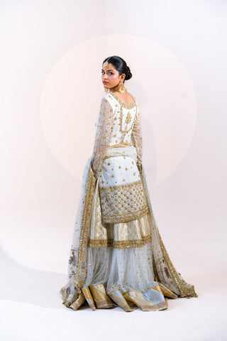 White Gold Embroidered Net Brocade Sharara (3-Piece) - Image 5