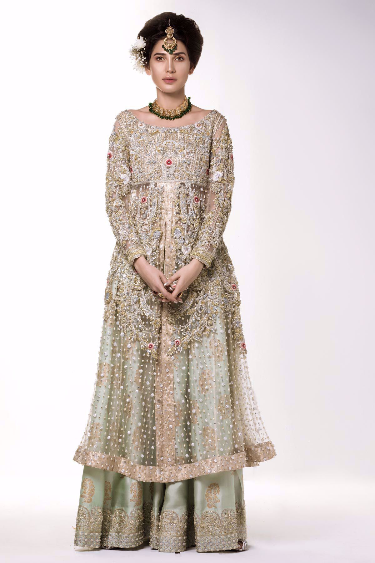 Pakistani White Silver Embroidered Net Flared Dress (2-Piece) - Image 1