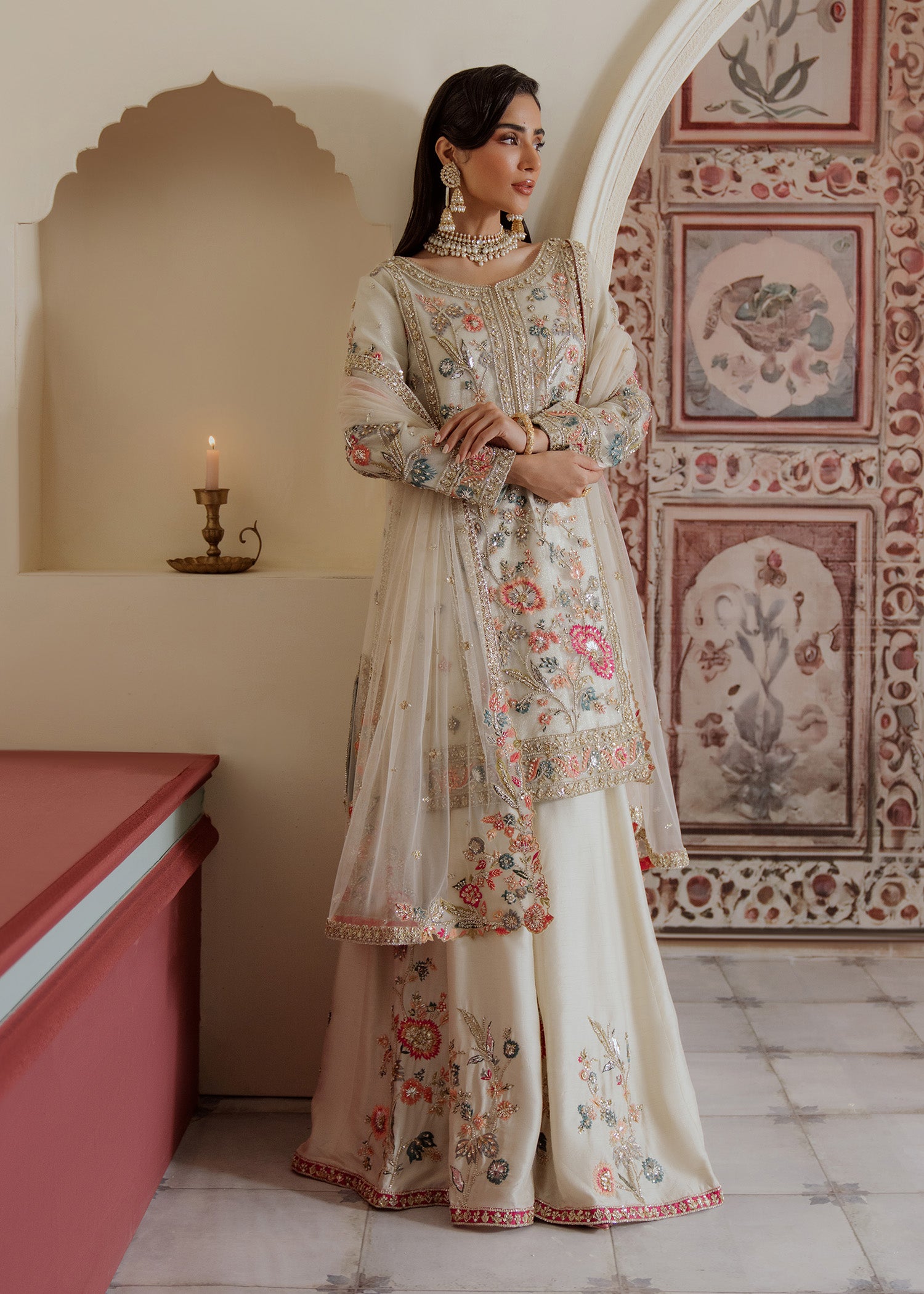 Pakistani White Embroidered Net Kurti with Raw Silk Sharara (3-Piece) - Image 1