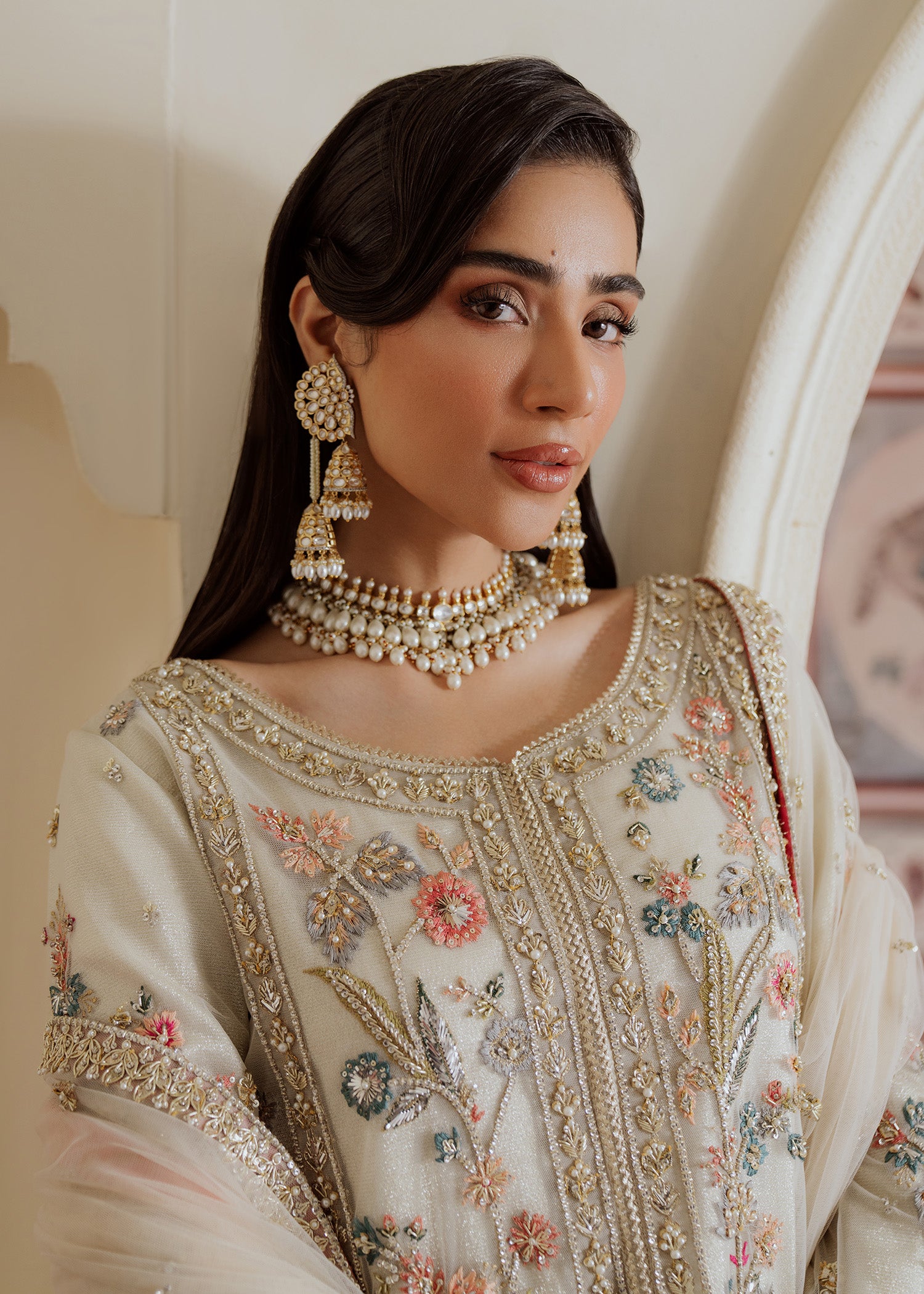 Pakistani White Embroidered Net Kurti with Raw Silk Sharara (3-Piece) - Image 2