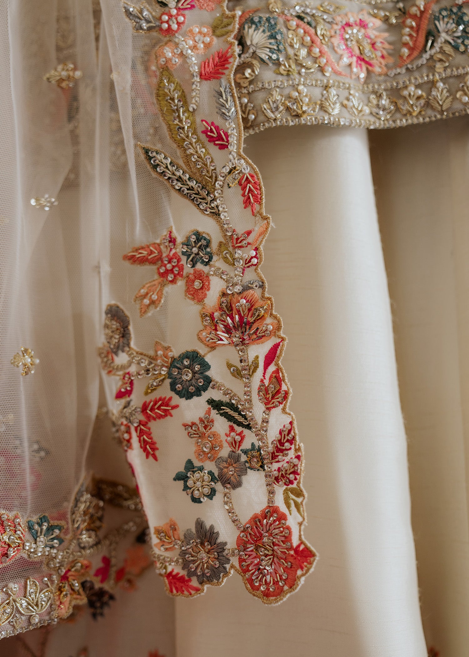 Pakistani White Embroidered Net Kurti with Raw Silk Sharara (3-Piece) - Image 5