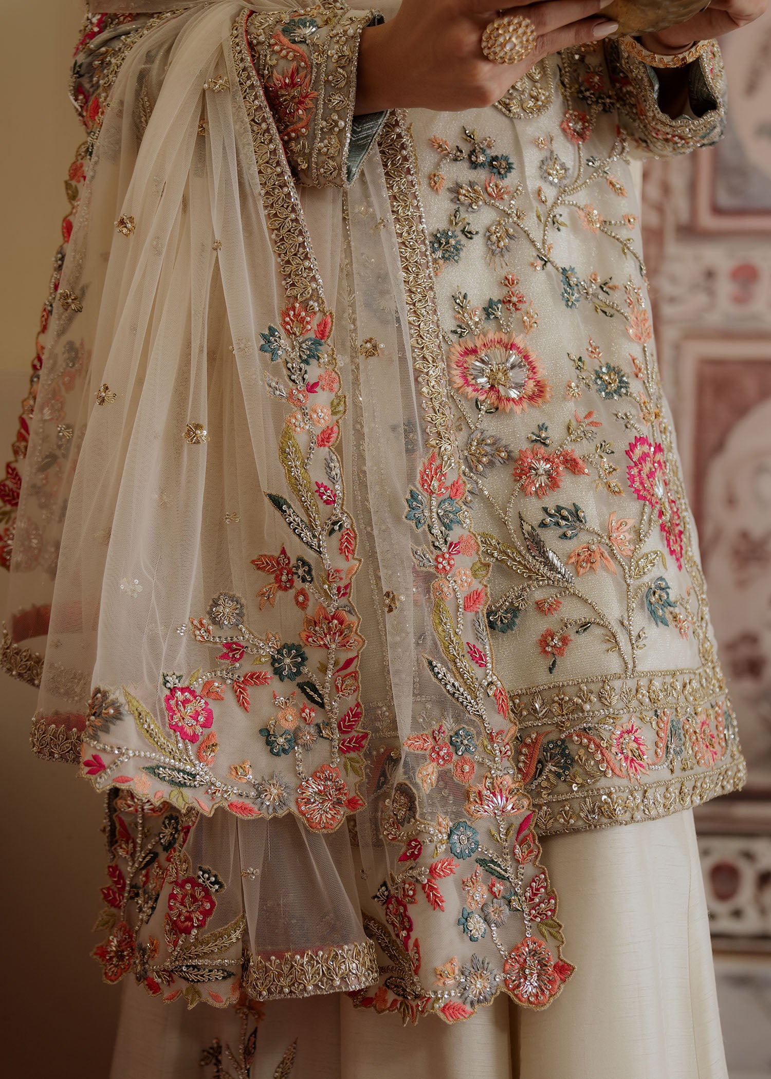 Pakistani White Embroidered Net Kurti with Raw Silk Sharara (3-Piece) - Image 7