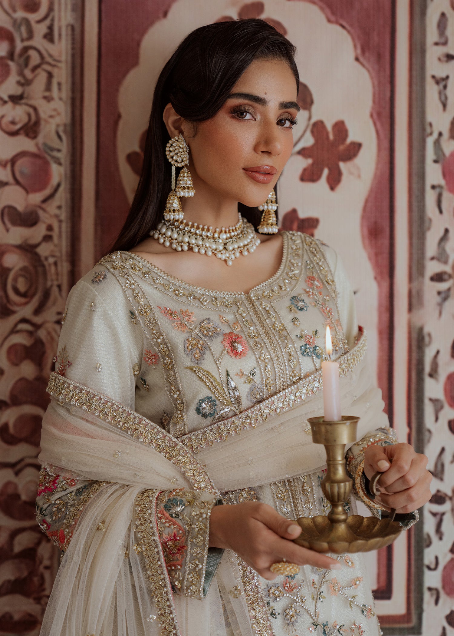 Pakistani White Embroidered Net Kurti with Raw Silk Sharara (3-Piece) - Image 8