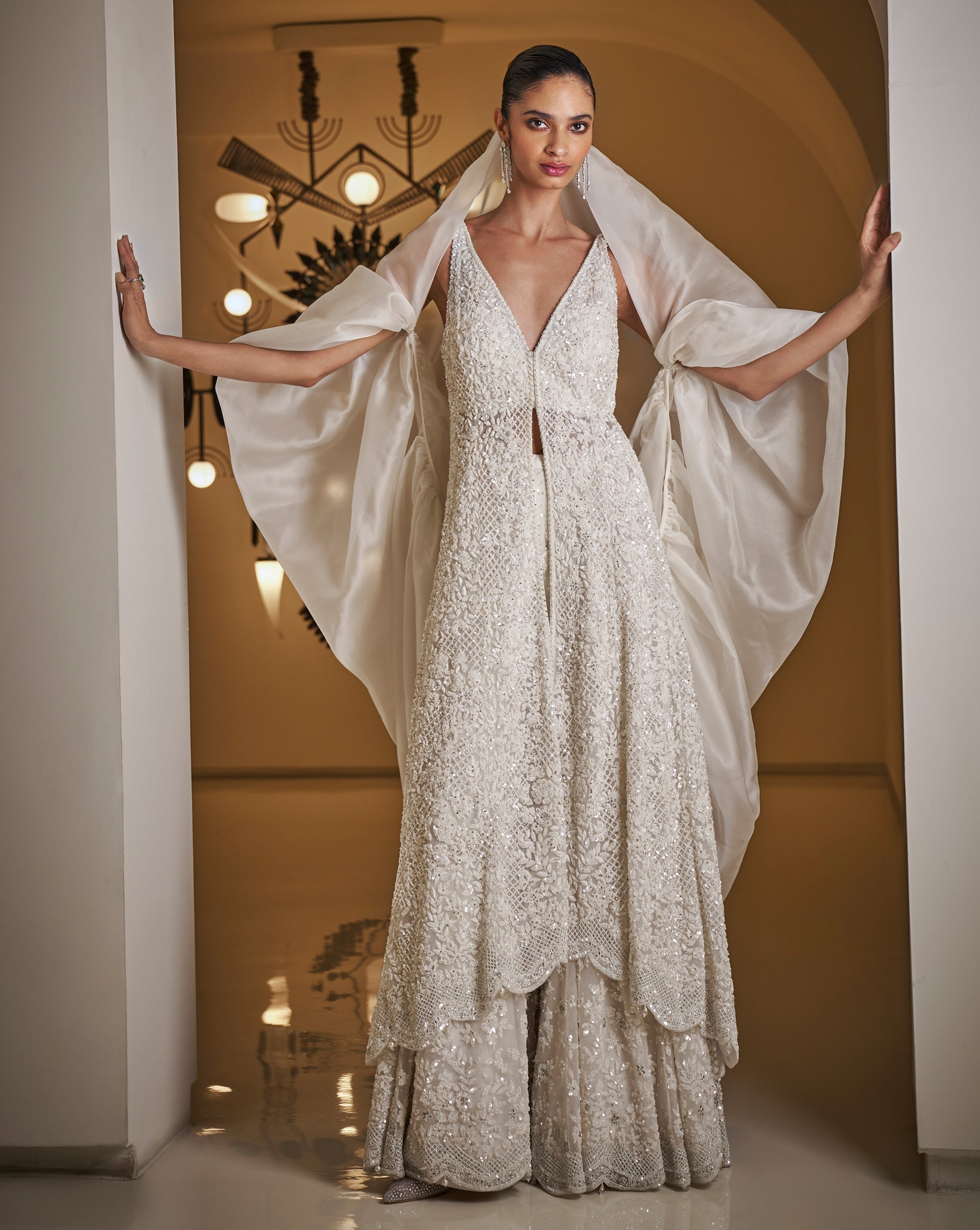 Indian White Sequin & Pearl Net Sharara Set (3-Piece) - Image 2