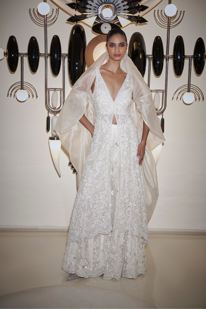 Indian White Sequin & Pearl Net Sharara Set (3-Piece) - Image 3