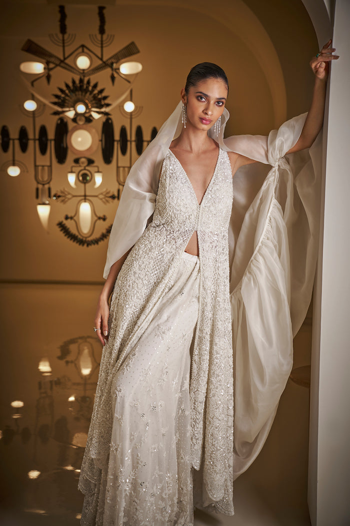 Indian White Sequin & Pearl Net Sharara Set (3-Piece) - Image 4