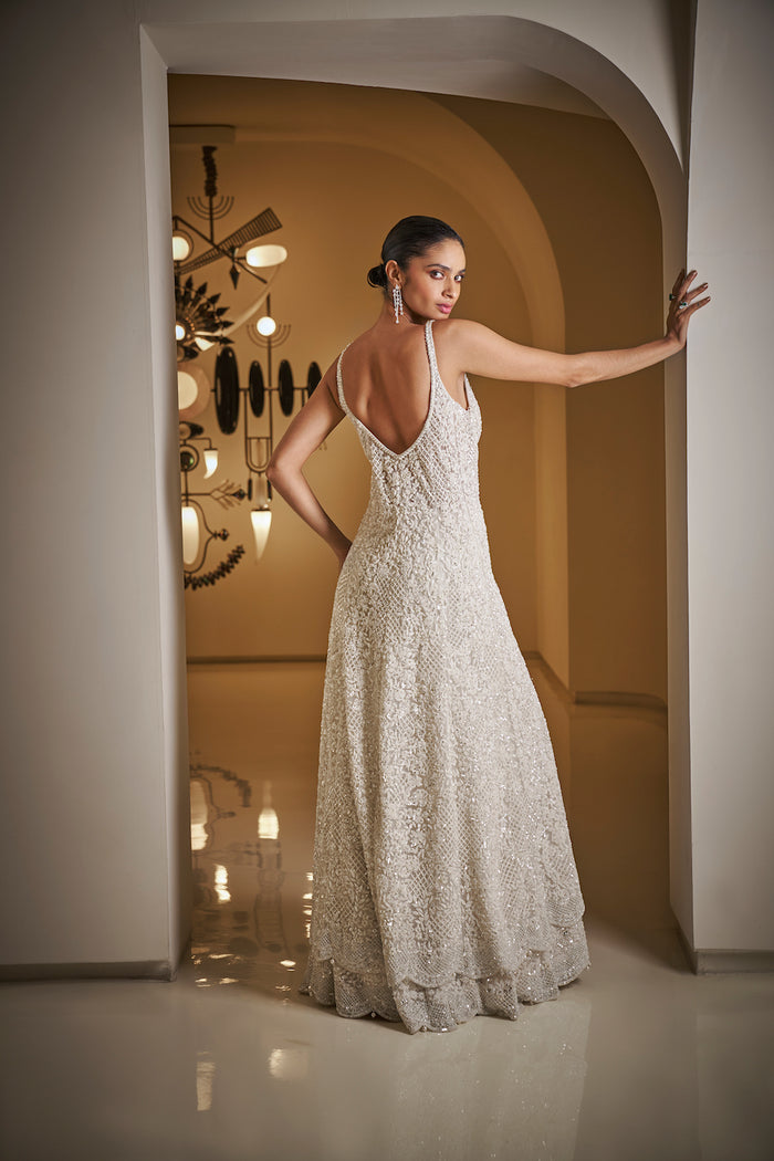 Indian White Sequin & Pearl Net Sharara Set (3-Piece) - Image 5