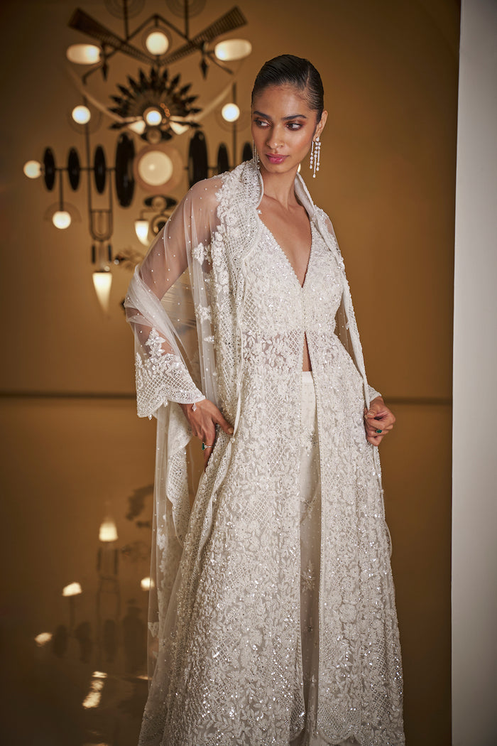 Indian White Sequin & Pearl Net Sharara Set (3-Piece) - Image 6