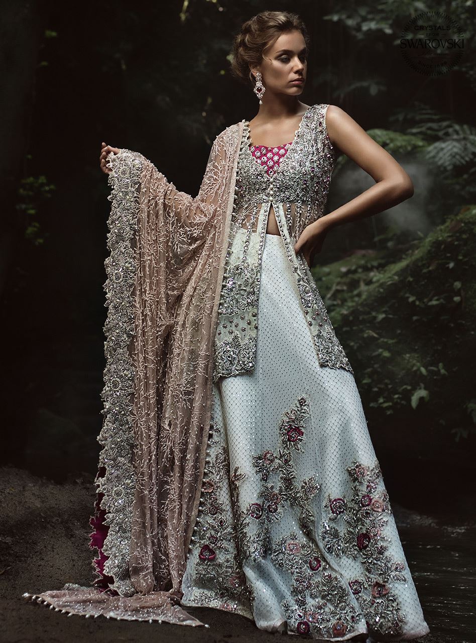 Pakistani White Swarovski Kora Dabka Net Sharara (3-Piece) - Image 4