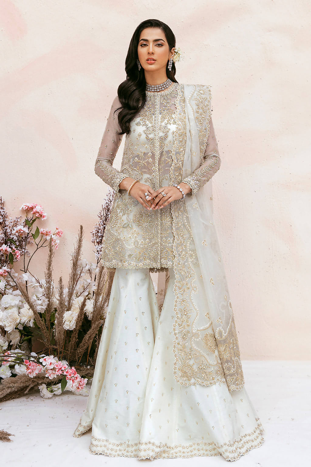 Pearl White Embroidered Organza Sharara (3-Piece) - Image 1