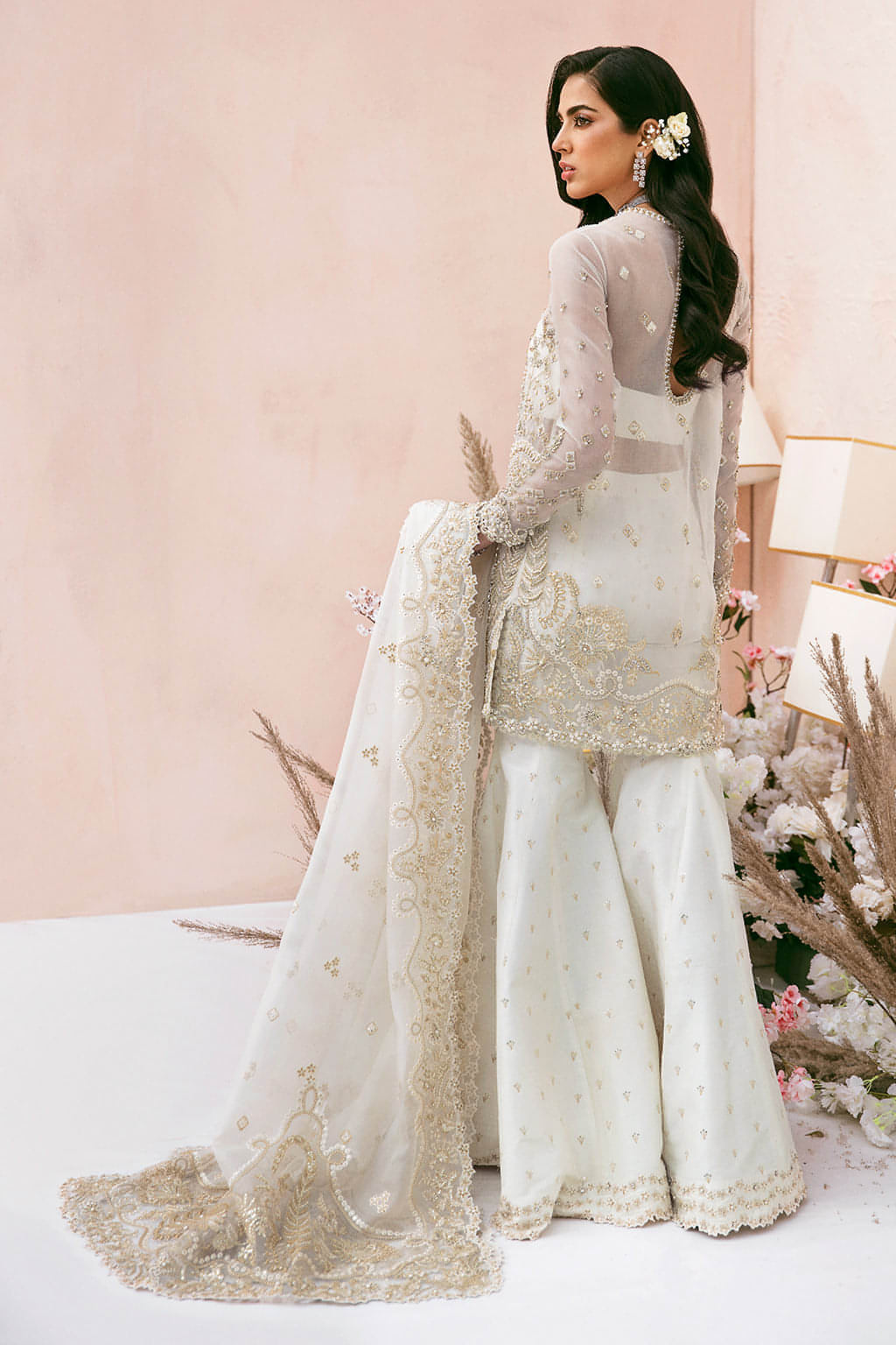 Pearl White Embroidered Organza Sharara (3-Piece) - Image 2
