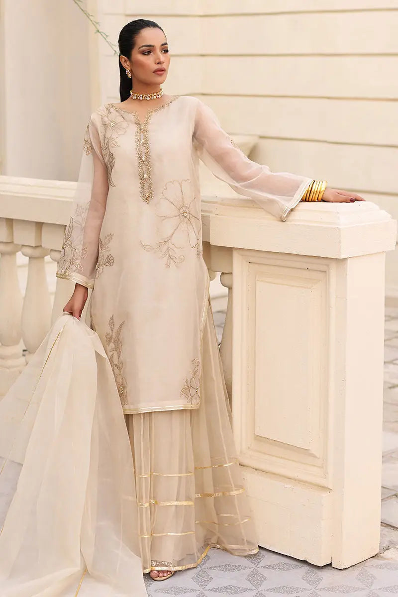 White Embroidered Organza Sharara Set (3-Piece) - Image 1