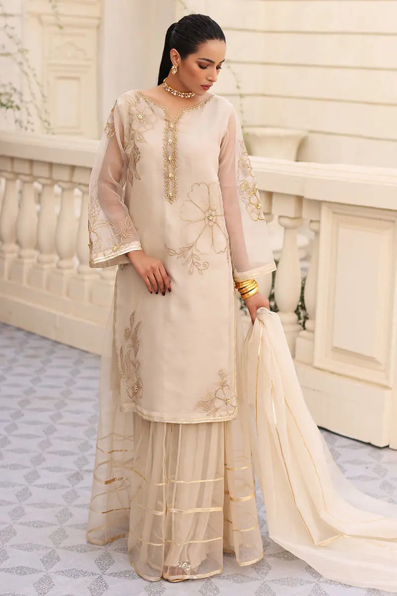 White Embroidered Organza Sharara Set (3-Piece) - Image 3