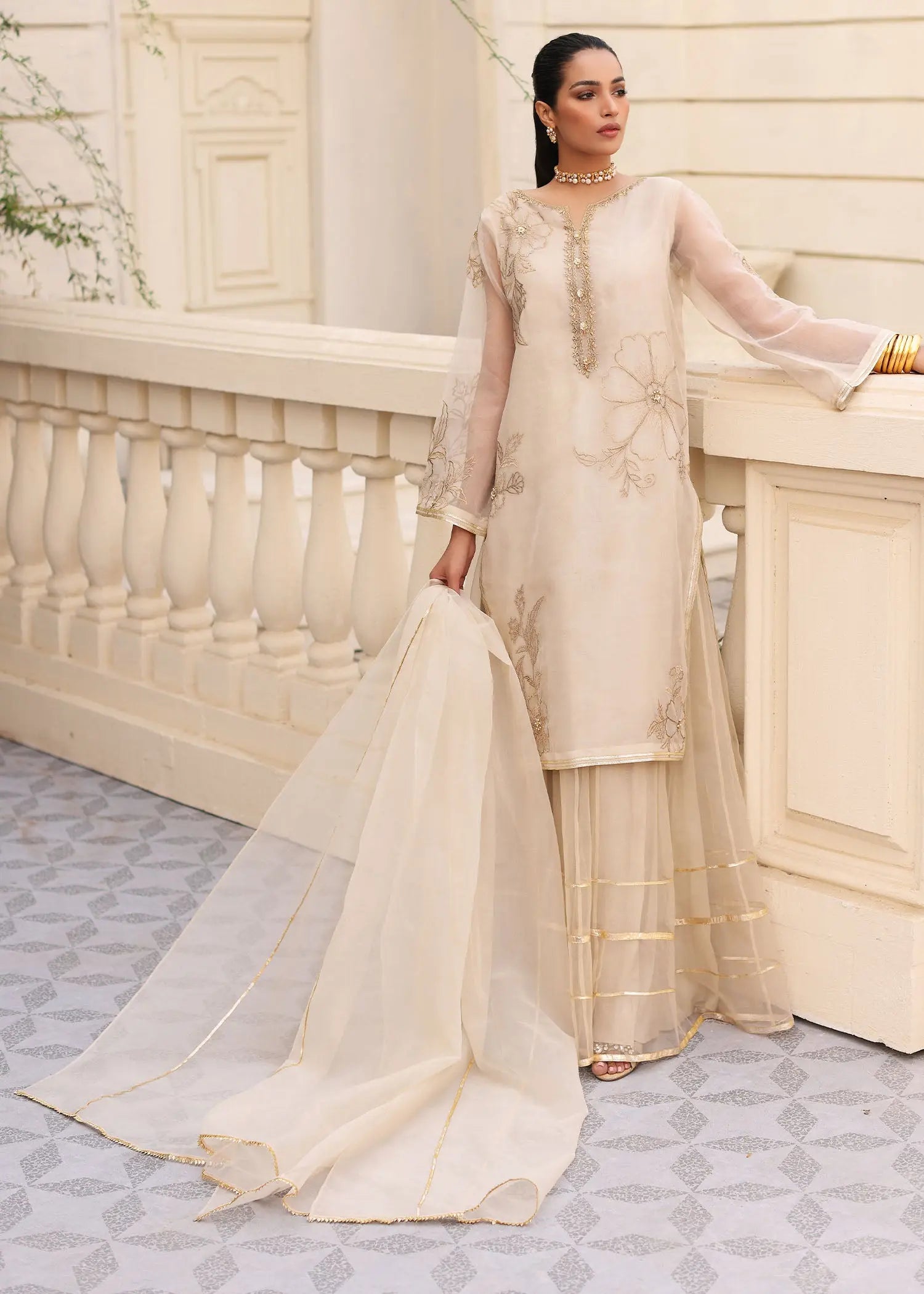 White Embroidered Organza Sharara Set (3-Piece) - Image 5