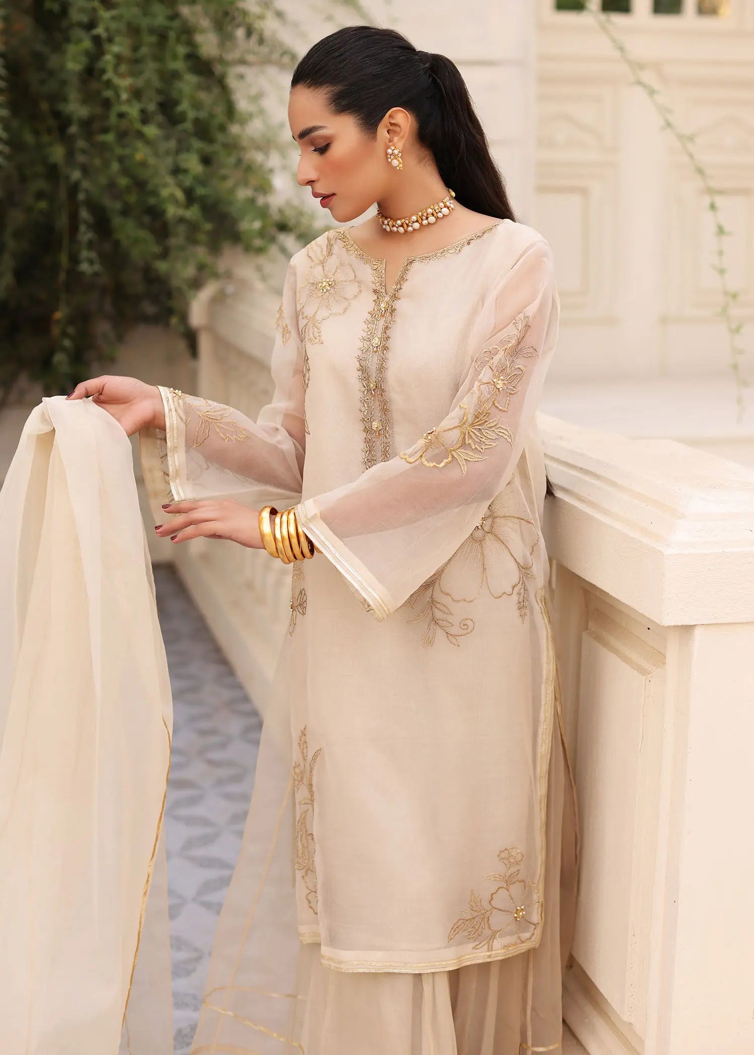 White Embroidered Organza Sharara Set (3-Piece) - Image 6