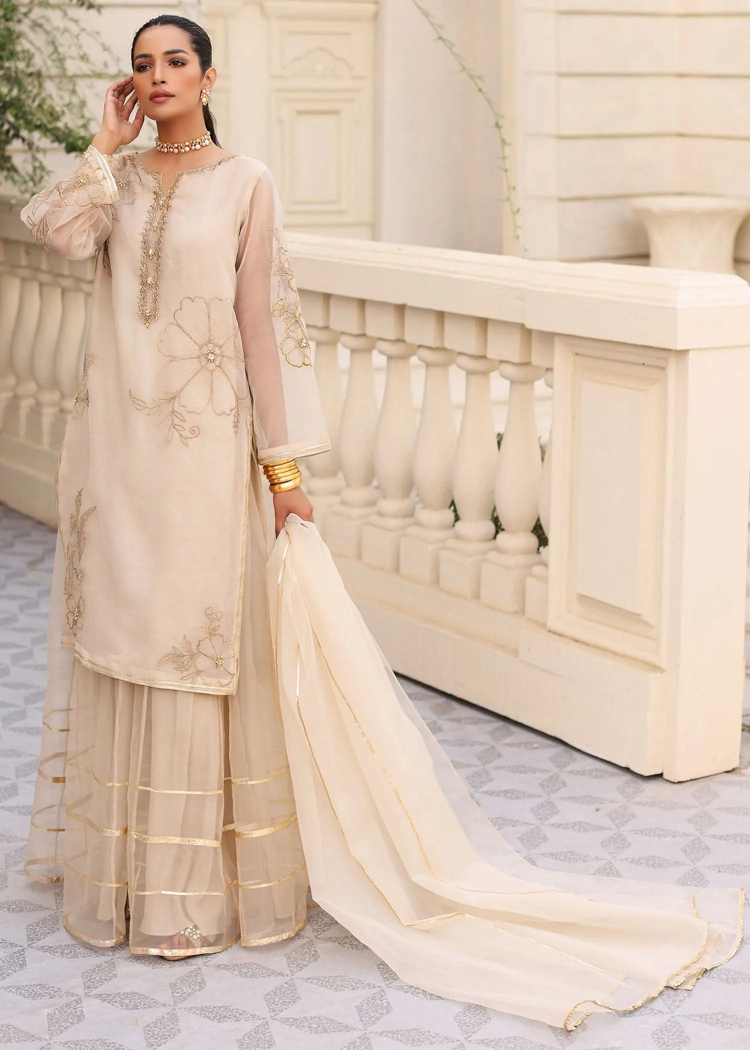 White Embroidered Organza Sharara Set (3-Piece) - Image 7