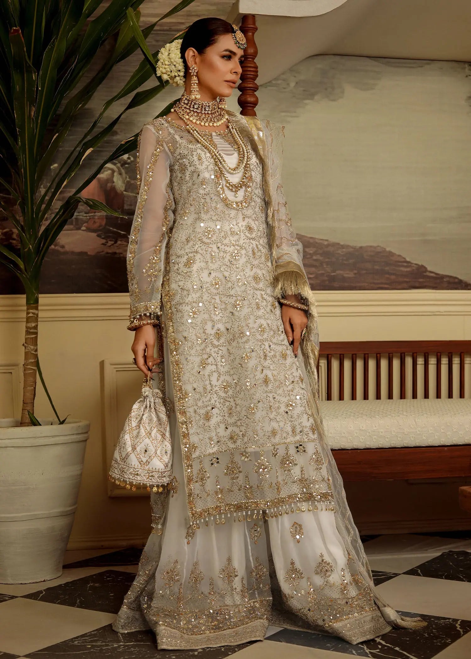 Pakistani White Embroidered Organza Sharara Set (3-Piece) - Image 1