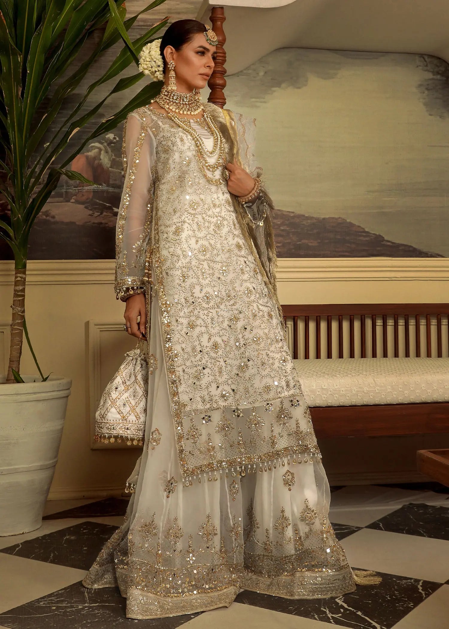 Pakistani White Embroidered Organza Sharara Set (3-Piece) - Image 4