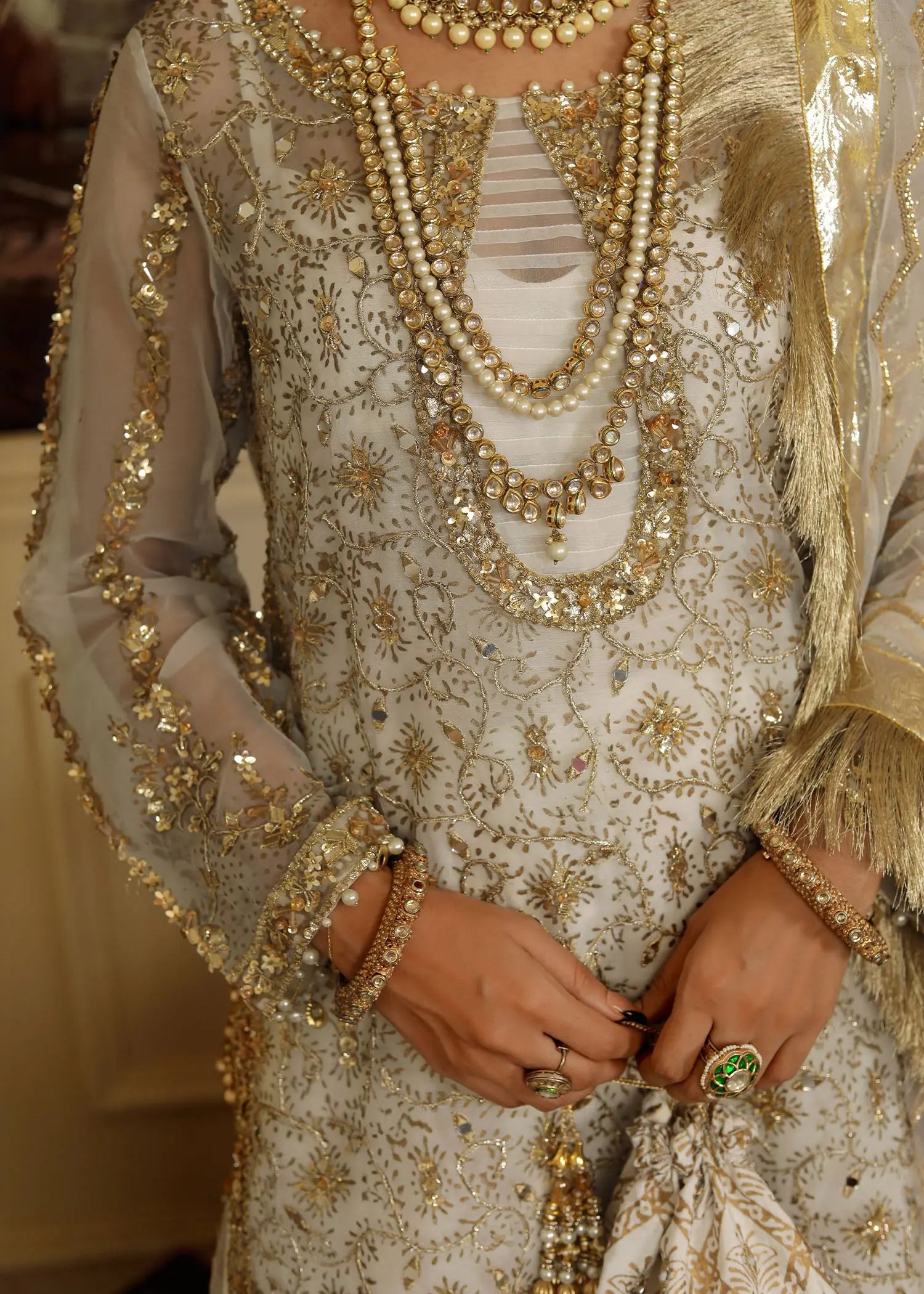 Pakistani White Embroidered Organza Sharara Set (3-Piece) - Image 7