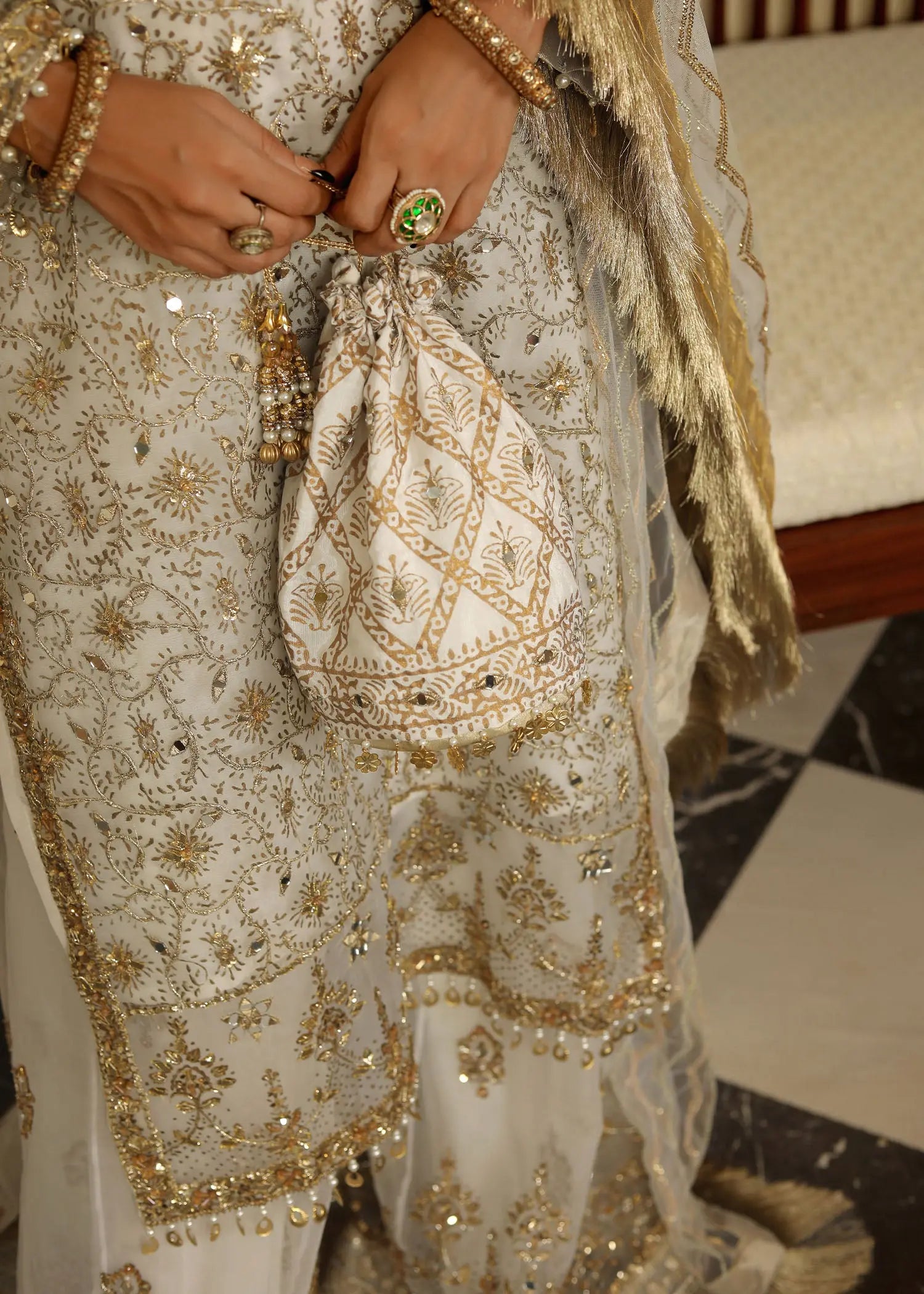 Pakistani White Embroidered Organza Sharara Set (3-Piece) - Image 8