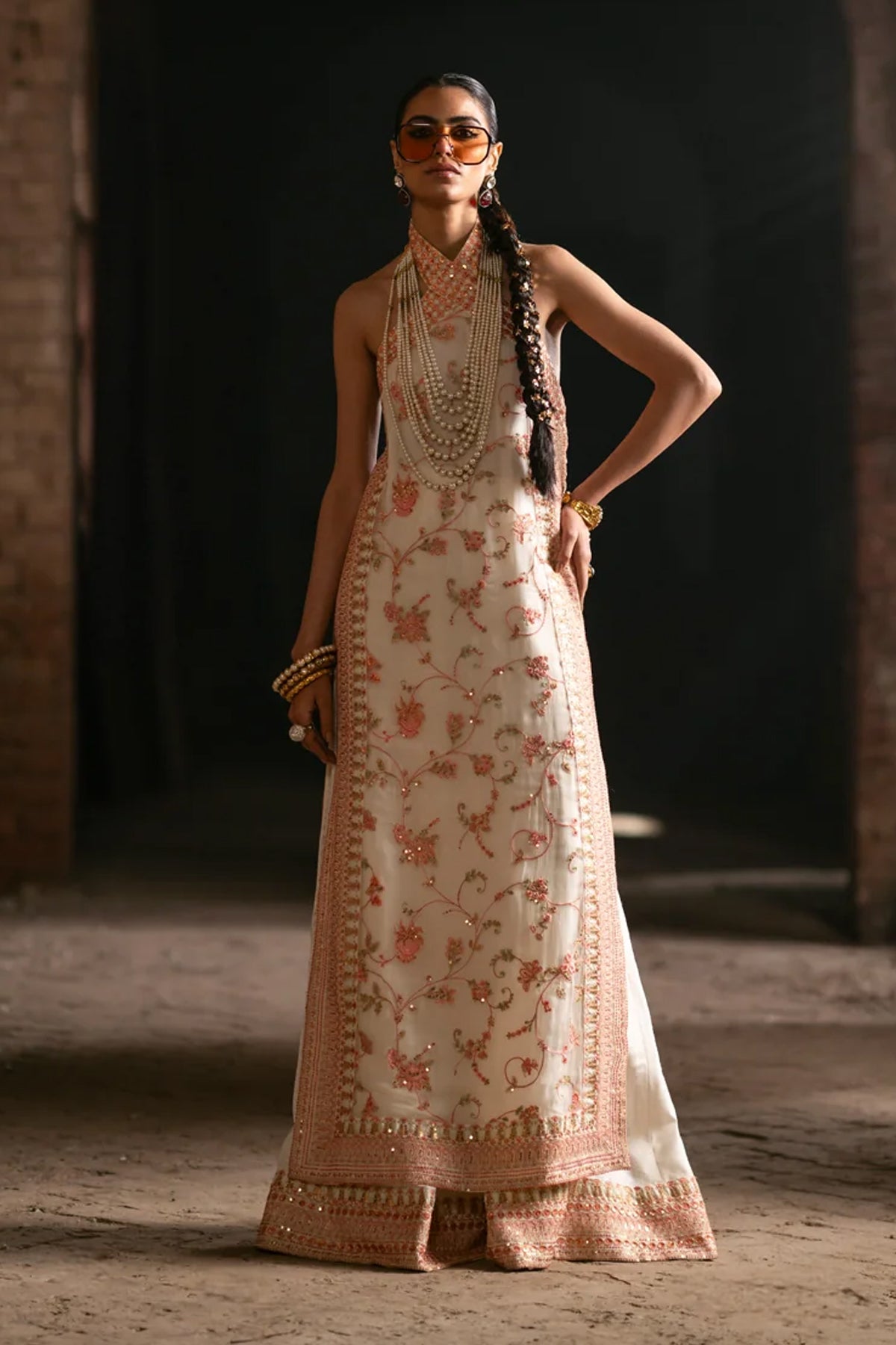 Pakistani White Embroidered Crinkle Chiffon Halter Shirt Sharara (3-Piece) - Image 1