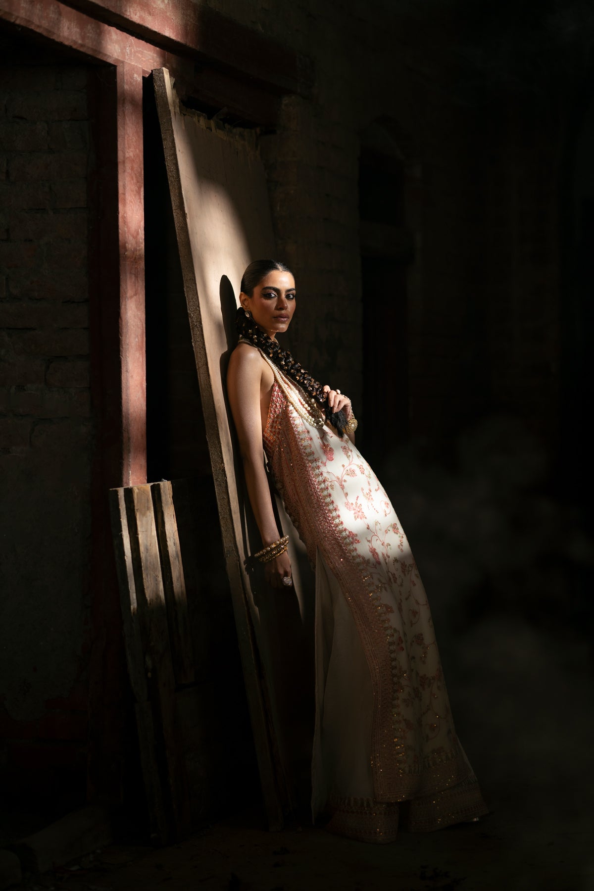 Pakistani White Embroidered Crinkle Chiffon Halter Shirt Sharara (3-Piece) - Image 10