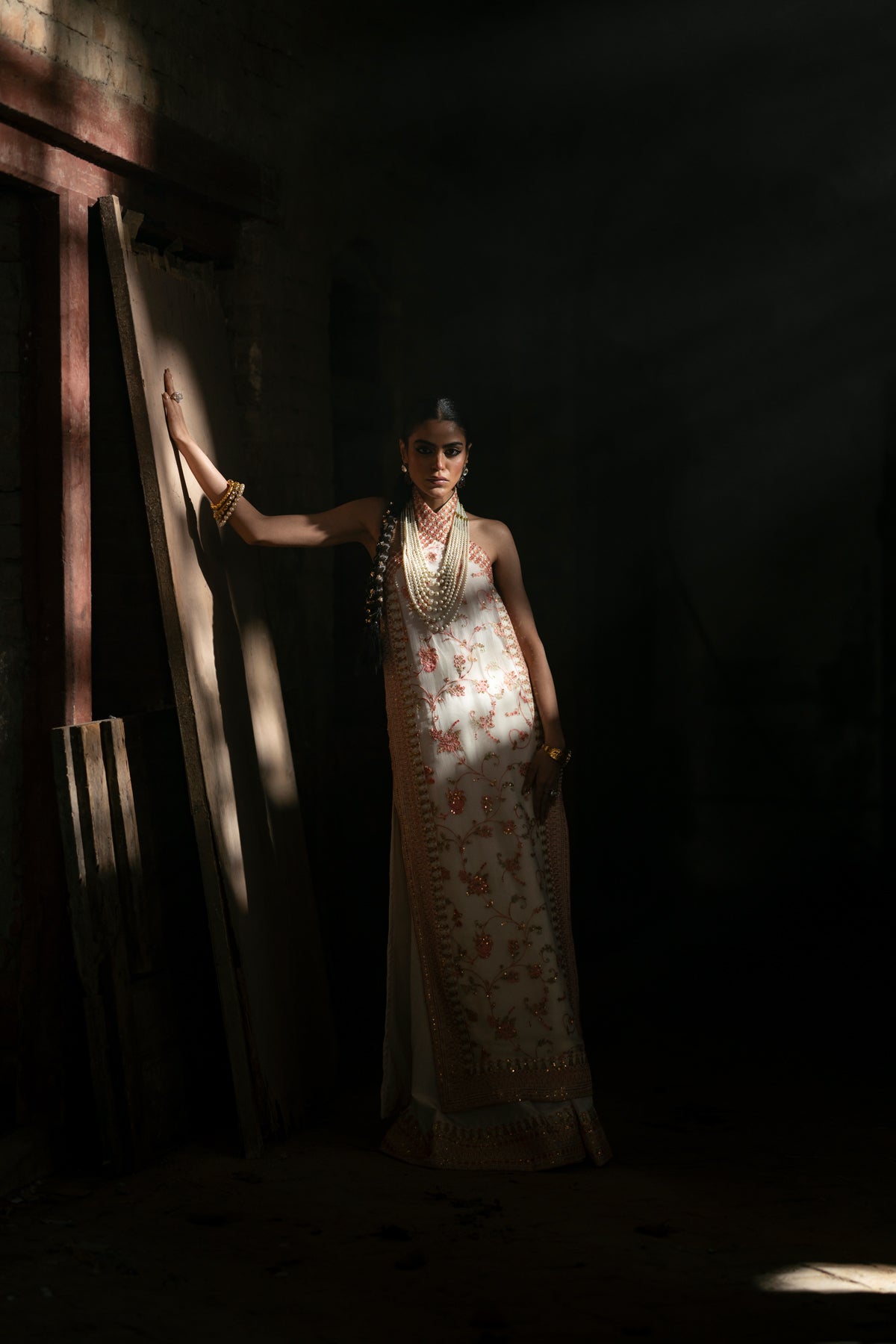 Pakistani White Embroidered Crinkle Chiffon Halter Shirt Sharara (3-Piece) - Image 11