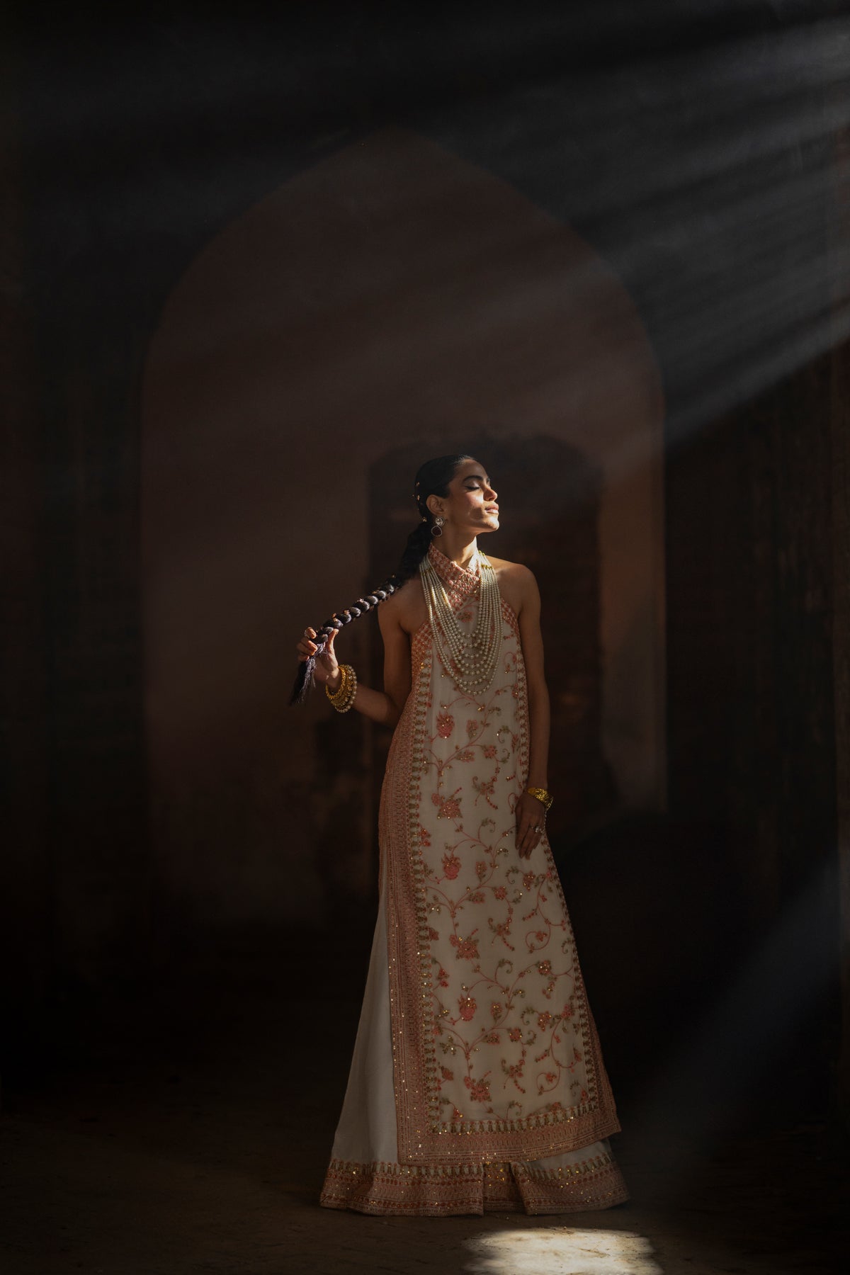 Pakistani White Embroidered Crinkle Chiffon Halter Shirt Sharara (3-Piece) - Image 12