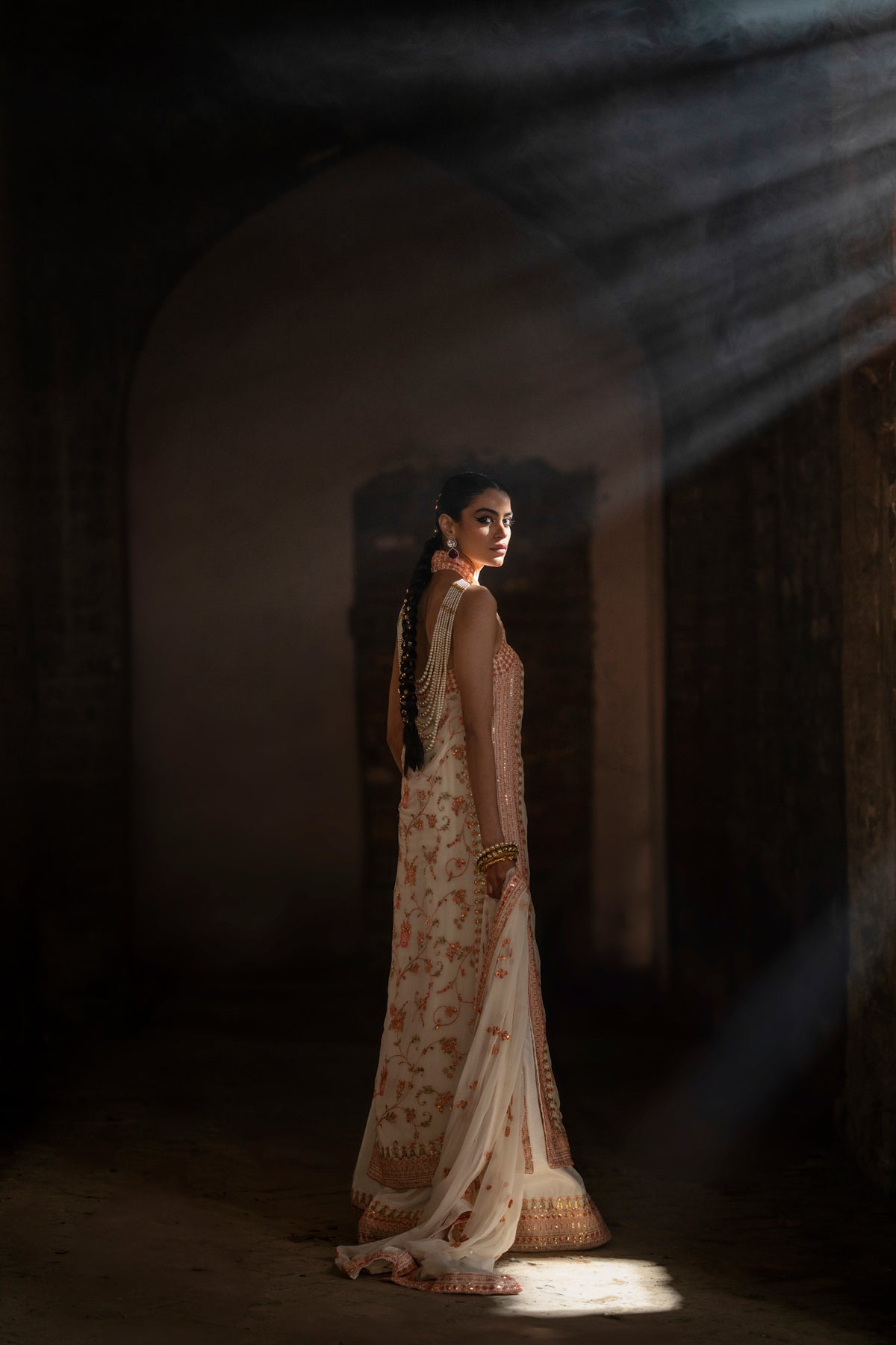 Pakistani White Embroidered Crinkle Chiffon Halter Shirt Sharara (3-Piece) - Image 13