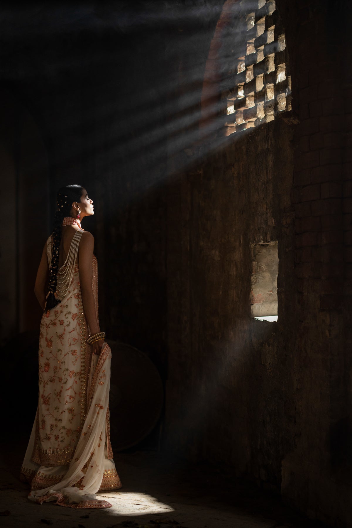 Pakistani White Embroidered Crinkle Chiffon Halter Shirt Sharara (3-Piece) - Image 14